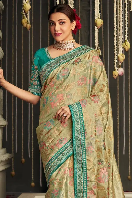 BEUATIFIL INDIAN MODEL KAJAL AGGARWAL IN OLIVE GREEN DOLA SILK SAREE 3